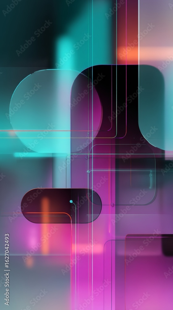 Poster vibrant geometric shapes intersecting with luminescent neon lines, forming interconnected digital ne