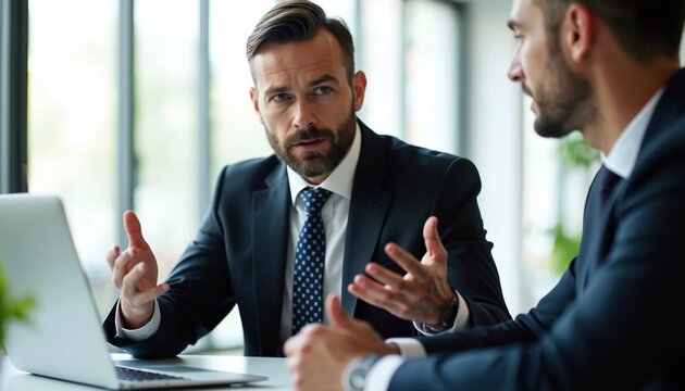 Two businessmen in suits intently near laptop in modern office setting. Engage in serious discussion, likely planning strategy discussing finance. Natural light streams in, illuminating focused