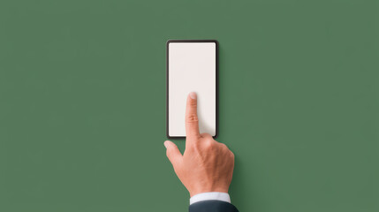 A hand touches a blank smartphone screen against a green background, symbolizing technology and interaction.