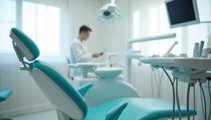 Obraz premium Modern dental clinic setting with bright clean room featuring a dental chair in focus. Doctor in white coat uses tablet during consultation. Equipment includes monitor, dental tools, lighting.