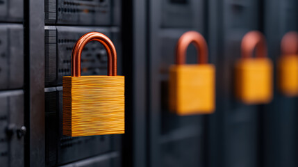 A close-up of a colorful padlock secured on a black server, representing data security and protection in a digital environment.