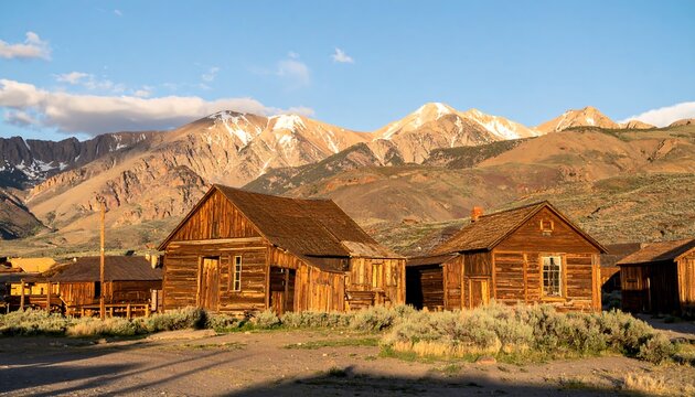 Rustic wooden buildings nestled in a valley, mountains in the background (1)