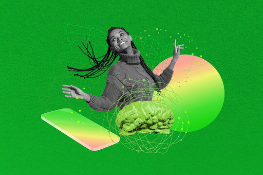 Composite art 3d creative image collage of happy businesswoman stand brain organ artificial intelligence app phone screen freelance