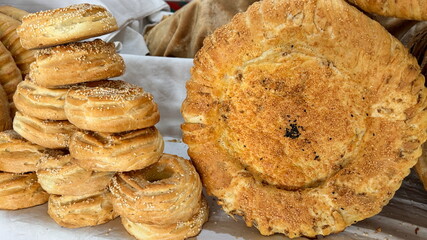 Different types of flatbreads displayed in the market in Tashkent, Uzbekistan