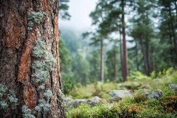 Obraz premium Close-up tree trunk, misty forest backdrop
