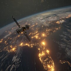 Obraz premium Satellite orbiting Earth at night, city lights prominent