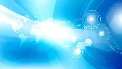 Obraz premium Abstract blue futuristic background with hexagons, global map, glowing light effects, and technological design elements for a modern digital illustration.