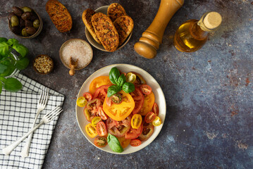 Summer Salad Prep with Tomatoes, Basil and Rustic Bread