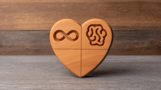 A wooden heart puzzle featuring two distinct designs, symbolizing infinity and creativity, set against a rustic wooden background.