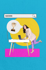 Image trendy art banner collage of happy successful aged businesswoman stand workplace table laptop...