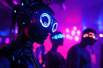 Futuristic cyber gothic rave scene with neon lights and fashion