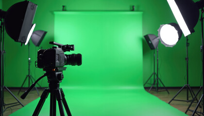 Pro video studio set up with green screen background. Includes camera on tripod, studio lights, and softboxes for broadcasting or film production. Ideal for virtual reality and content creation.