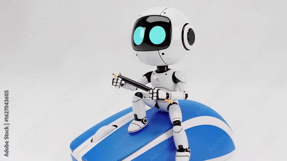 Poster futuristic robot figure zooms in on a sleek technology-inspired design in a minimalistic setting