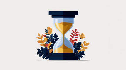 An artistic hourglass surrounded by colorful leaves symbolizes the passage of time and nature's beauty.