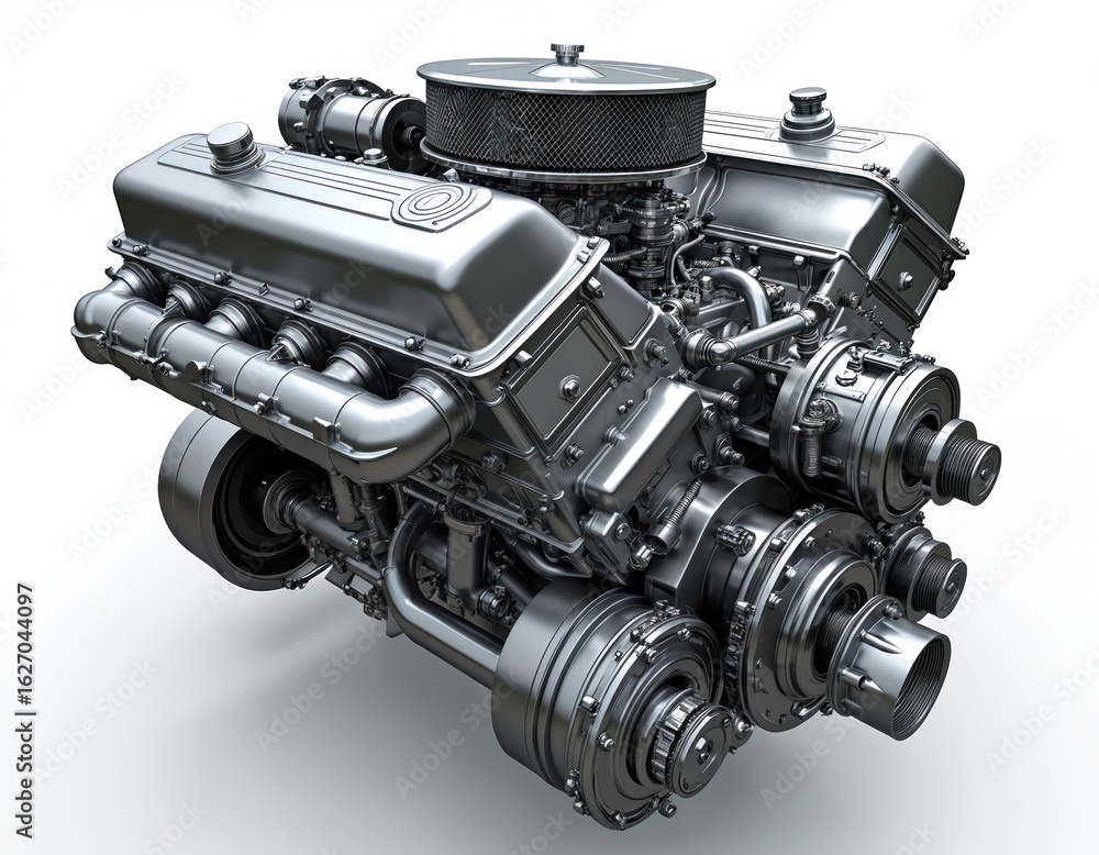 Poster silver engine with complex assembly of components. centralized in frame with front facing viewer. in