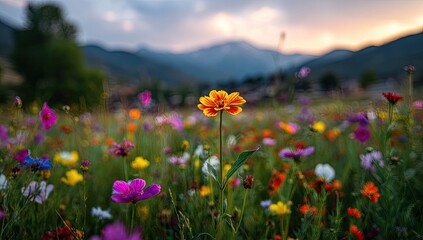 Fototapeta premium Vibrant wildflowers in a meadow at sunset, mountains in the background