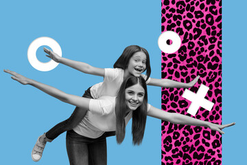 Banner image collage of person piggyback fly with 3d render objects over blue color background