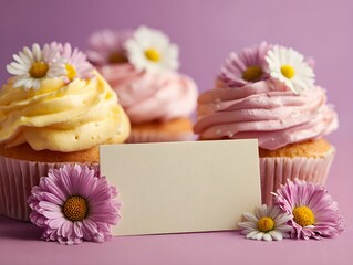  Daisy-Adorned Pink & Yellow Cupcakes with Blank Card – Sweet Party Setup for Invitations & Bakery Ads