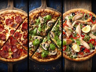 Photorealistic Top-Down Trio of Pizzas – Rustic Wooden Boards, Artisan Style, Perfect for Food Branding