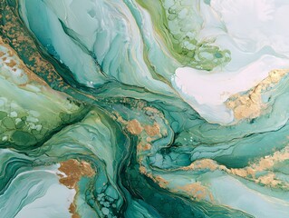 Abstract Fluid Art in Green & Aquamarine – Swirling Sea Wave Patterns, Watercolor Ink Texture for Design