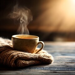 Steaming Tea Cup with Knitted Sweater Steam – Rustic Table, Golden Autumn Glow, Cozy Dreamy Ambience