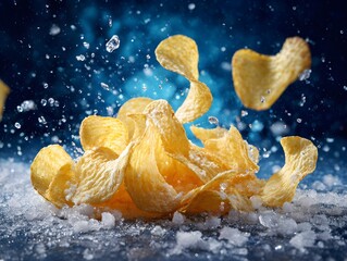 Yellow Potato Chips with Snow & Ice – Soda Splash Effect on Ground, Bold Contrast for Snack Advertising