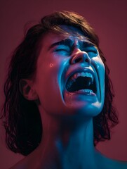 Mid-Shot of Woman Crying Intensely – Bold Single-Color Background, Bright Studio Lighting for Emotional Ads