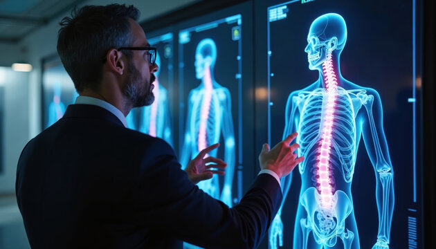 Businessman analyzes digital x-ray human body scan interface showing skeleton, spine. Man in suit uses touch screen for medical analysis, virtual cyberspace interaction. Future health care technology.
