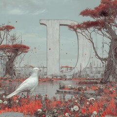 Stylized Letter "D" with White Birds & Red Trees – Fantasy Typography for Branding and Book Covers