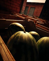 Hyper-Realistic Watermelon in Pile of Ripe Fruit – Wooden Crates, Outdoor Drama, Farm-to-Table Freshness