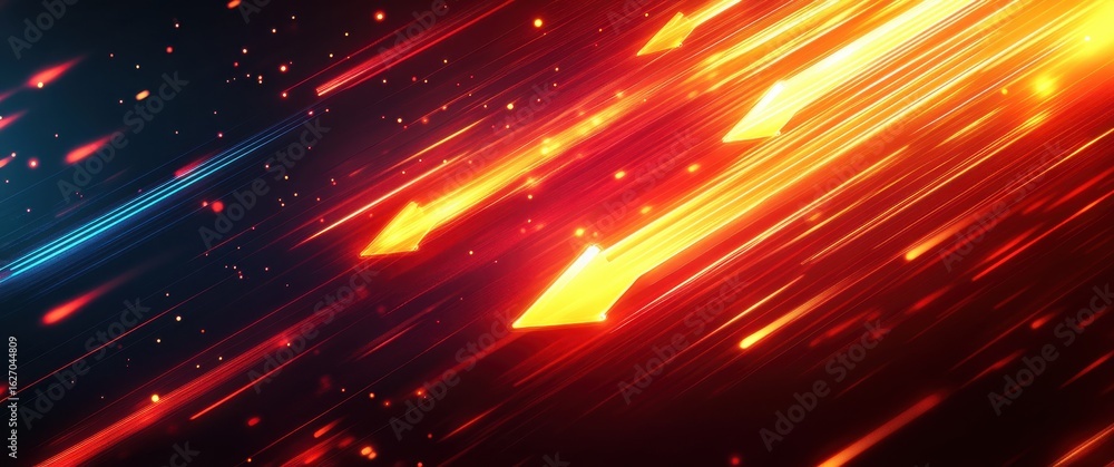 Poster abstract glowing arrows on a vibrant dynamic background of red and yellow