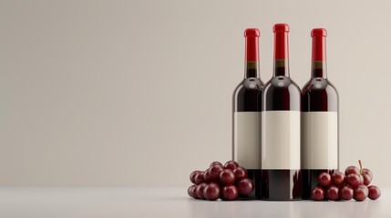 Elegant red wine bottles with grapes mockup, perfect for showcasing your custom label designs on a crisp white backdrop.