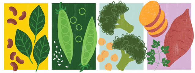 Set of cute, hand-drawn vector illustrations featuring spinach leaves, black beans, green peas, broccoli florets, fresh parsley, and sweet potatoes