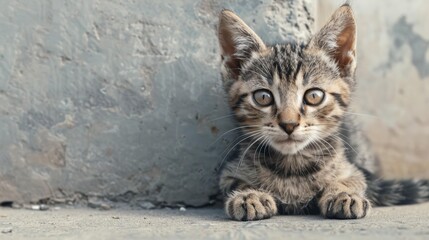 A forlorn little kitten waits on the street, its big sad eyes reflecting the harshness of a stray life.