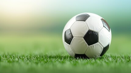 A classic soccer ball rests on lush grass, blurred stadium lights adding excitement in the background for sports lovers.