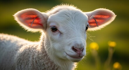 Obraz premium An adorable white lamb with backlit pink ears stands in a sunlit green meadow.