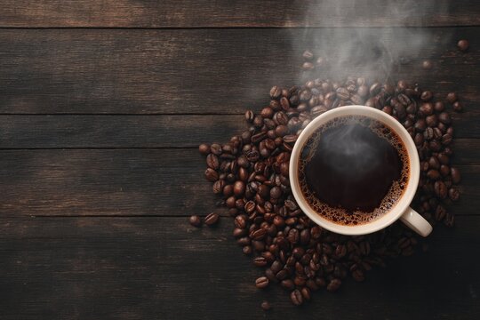 Steaming coffee cup on a dark wooden table with coffee beans