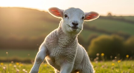 Adorable lamb in a sunlit pasture, playfully posing for the camera.