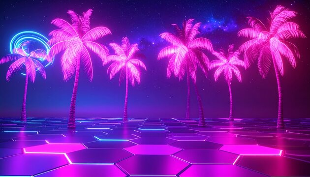 Neon palm trees on a futuristic hexagonal floor - Powered by Adobe