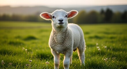 Fototapeta premium A young, fluffy white lamb stands in a sunlit green pasture looking directly at the camera.