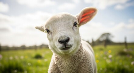 Obraz premium Adorable lamb gazing directly at the camera in a sun-drenched pasture.