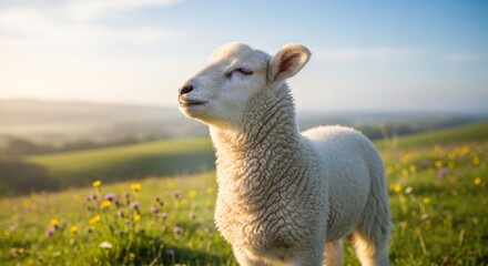A small white lamb basks in the warm morning sunlight on a grassy, rolling hillside.