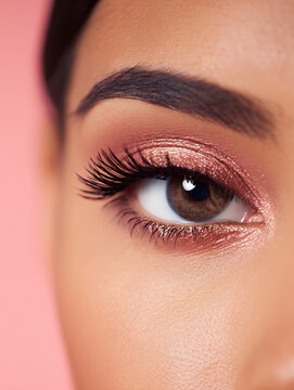 Close-up of eye with metallic eyeshadow on pastel peach background