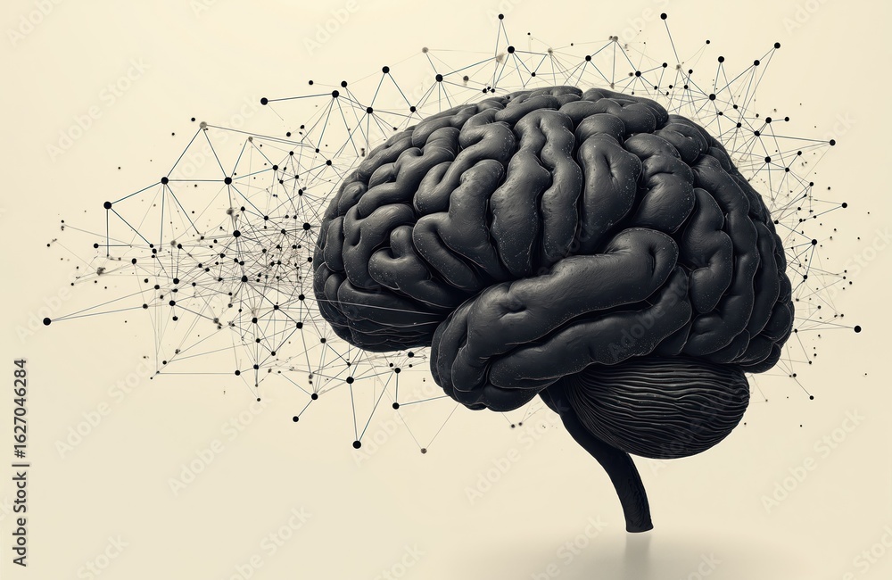 Poster black, white illustration of brain in three-dimensional form with intricate network of lines. centra