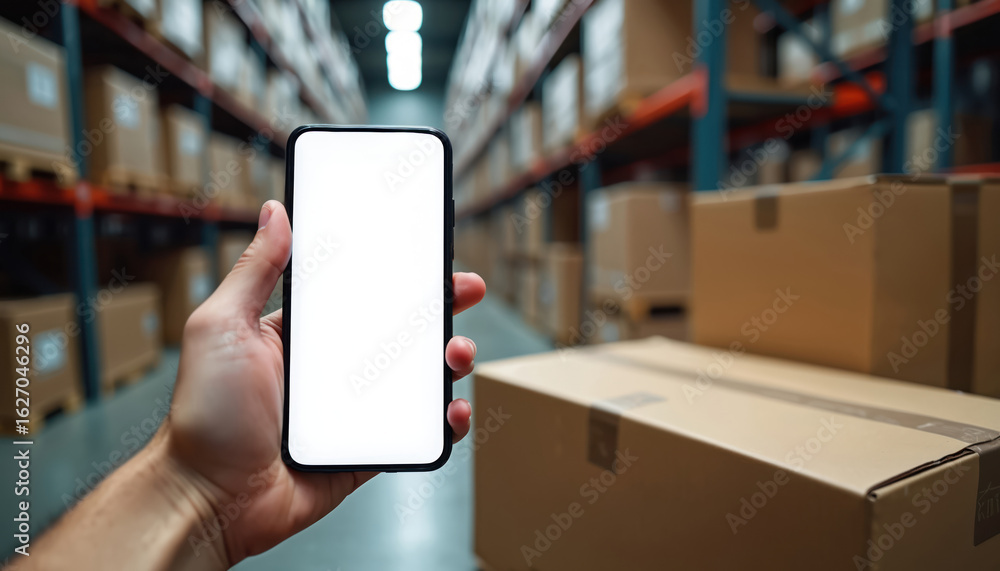 Poster man holds smartphone with blank screen in warehouse. rows of cardboard boxes on shelves. tracking in