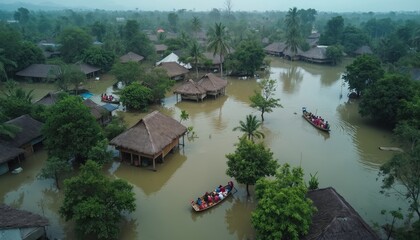 Naklejka premium Flooded village shows families evacuating by boat. Aerial view captures homes submerged in brown water, illustrating effects of climate change disasters. Green tropical foliage surrounds flooded