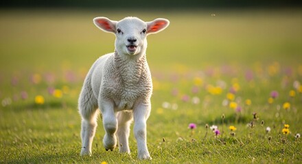 Obraz premium An adorable white lamb stands in a sunlit green meadow filled with colorful wildflowers.