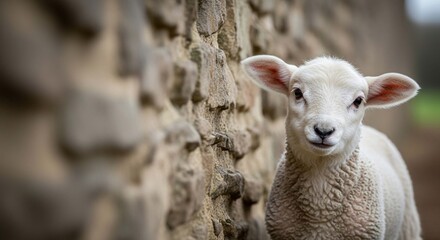 Obraz premium A curious lamb stands near an old stone wall, its fluffy white fleece contrasting against the rough texture.