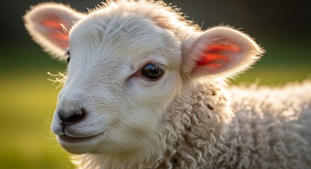Obraz premium Adorable fluffy lamb basking in golden sunlight, close-up portrait.
