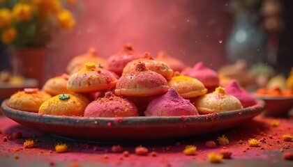 Obraz premium Holi celebration with colourful traditional sweets on display. Delicious dessert treats for festival, party. Indian cuisine, sweets assortment. Joyful, inviting festive atmosphere, celebration.